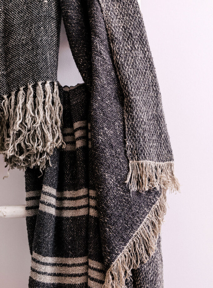 Astrid Handwoven Linen Throw 130cm x 190cm - Natural & Charcoal Stripe