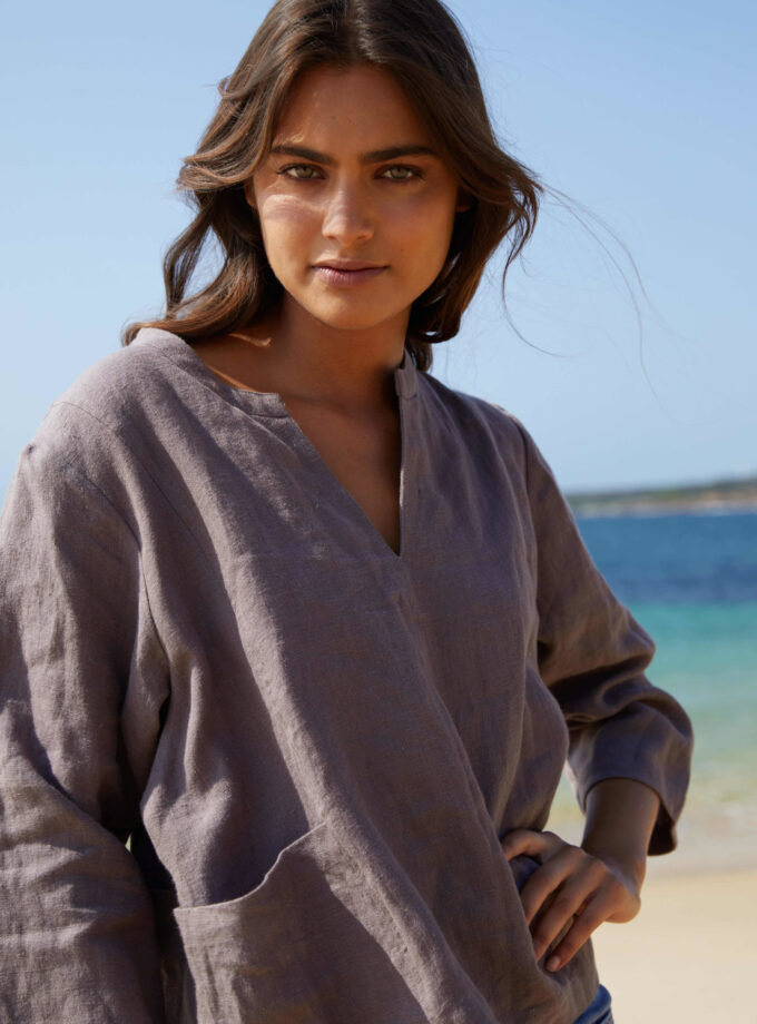 Angel Pure Linen V-Neck Top - Mocha