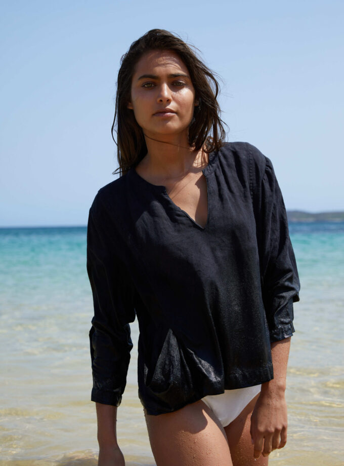 Angel Pure Linen V-Neck Top - Black